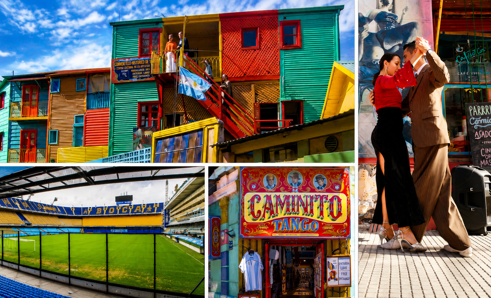 Caminito La Boca Buenos Aires<br />
San Telmo Buenos Aires<br />
Tango dans La Boca<br />
Rue pavée San Telmo<br />
Street Art La Boca<br />
Marché San Telmo<br />
Balcon coloré Caminito<br />
Visite La Boca San Telmo Buenos Aires